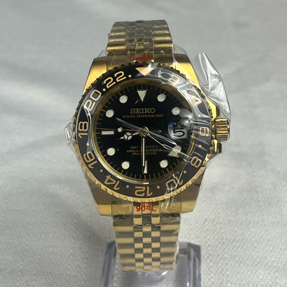 GMT Style Watch Gold Tone Black Dial Jubilee Bracelet Luxury Design
